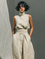 Maria - Conjunto minimalista de camiseta sin mangas y pantalón de pierna ancha de algodón y lino para mujer