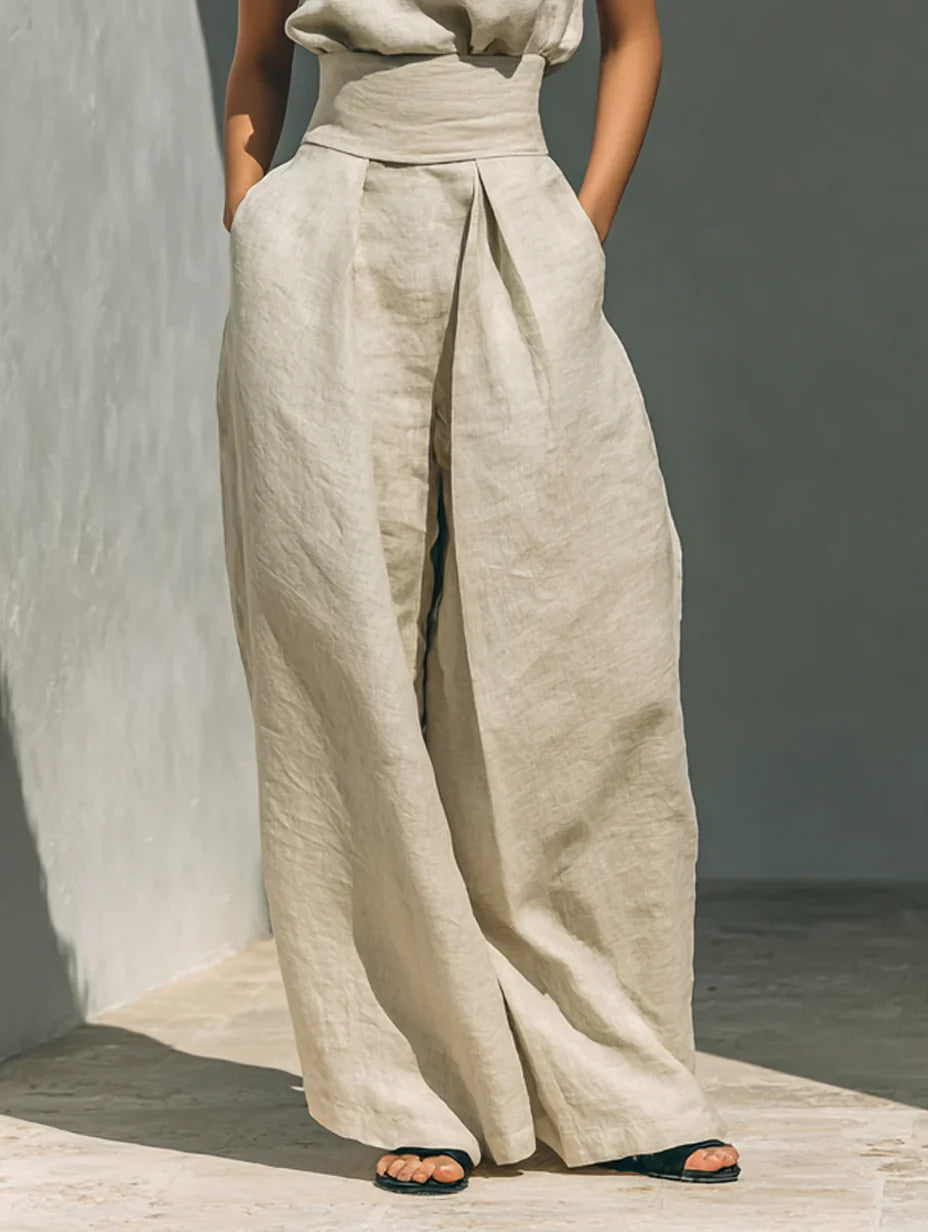 Maria - Conjunto minimalista de camiseta sin mangas y pantalón de pierna ancha de algodón y lino para mujer