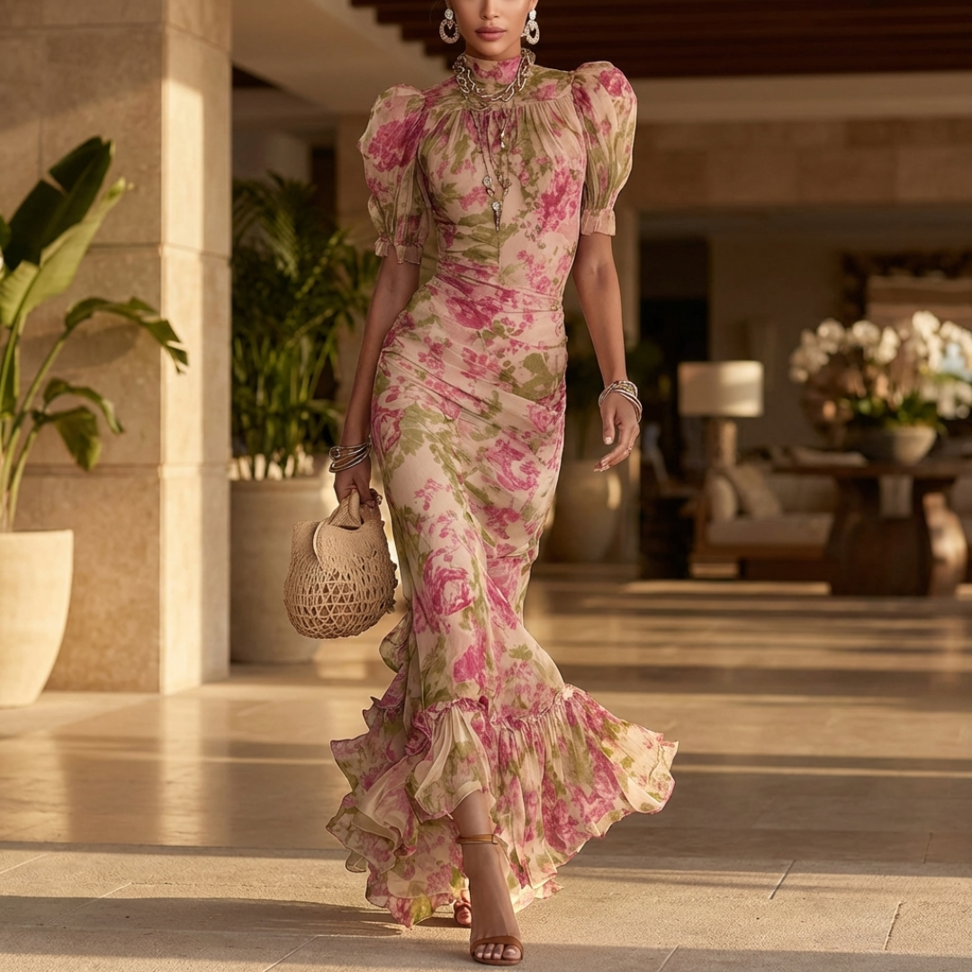 Fiora | Vestido largo con estampado vintage de rosas y mangas abullonadas.