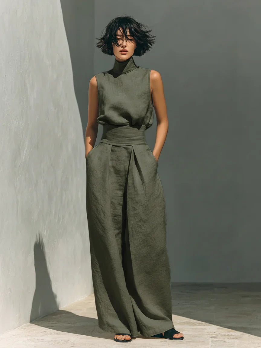 Maria - Conjunto minimalista de camiseta sin mangas y pantalón de pierna ancha de algodón y lino para mujer