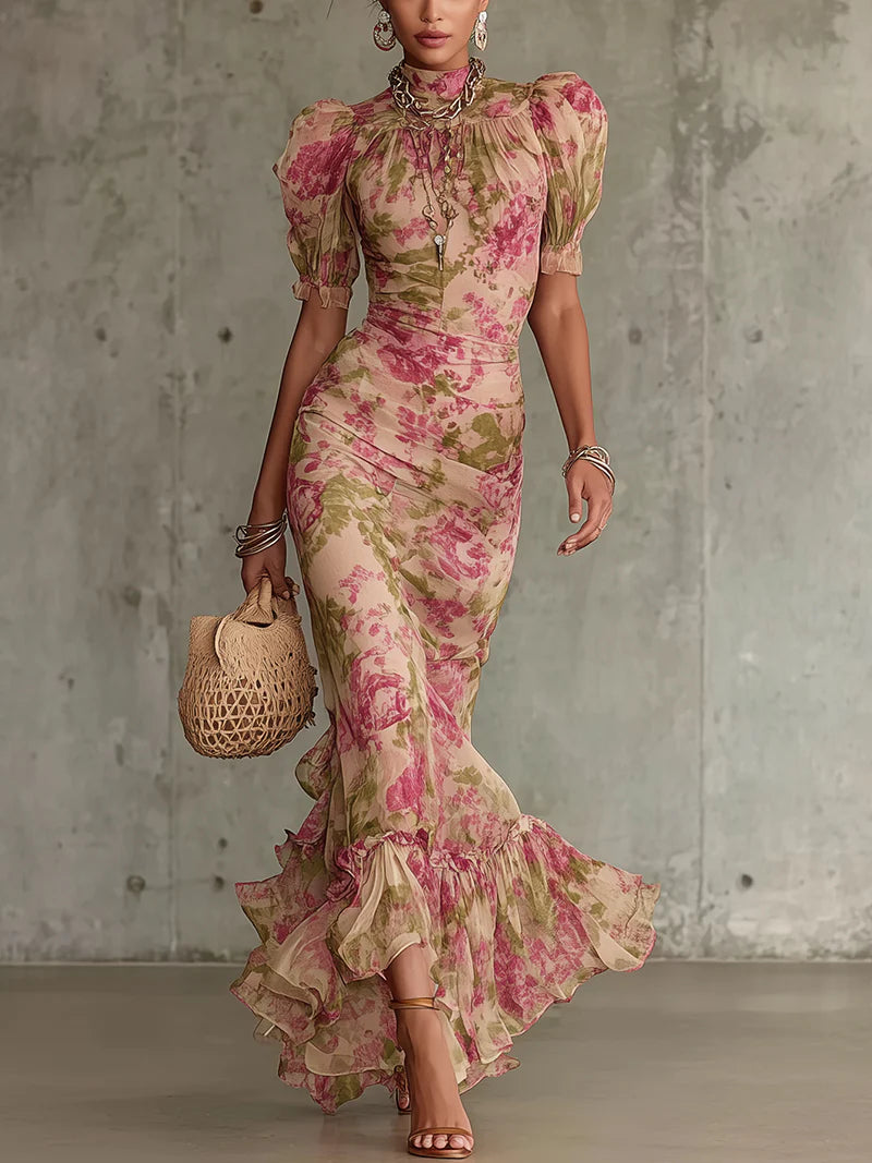 Fiora | Vestido largo con estampado vintage de rosas y mangas abullonadas.