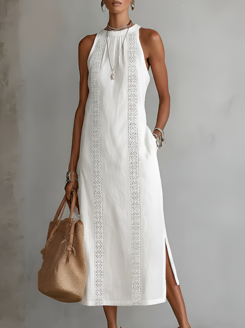 Bianca | Vestido midi de lino con cuello mao.