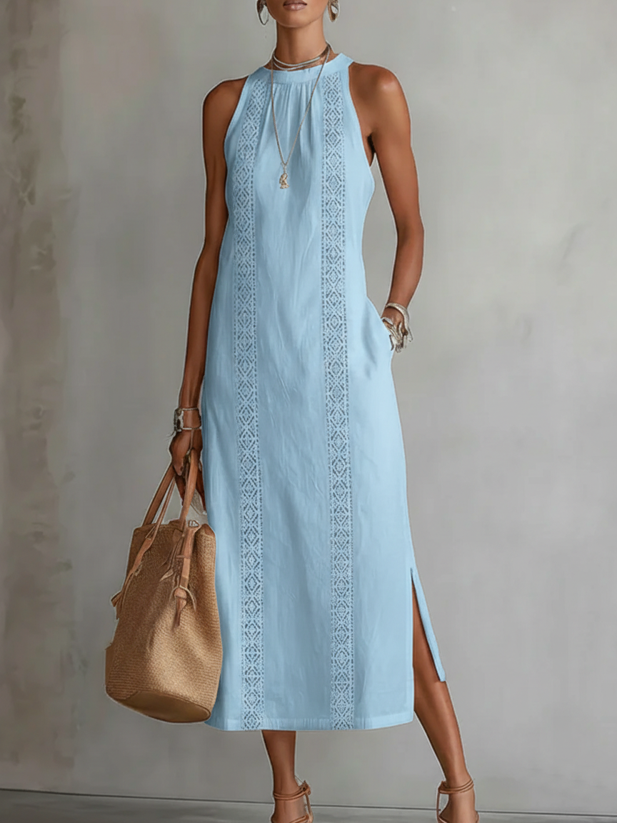 Bianca | Vestido midi de lino con cuello mao.