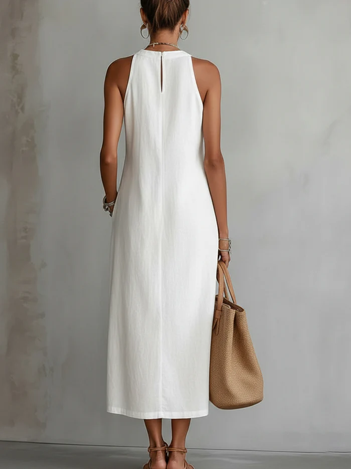 Bianca | Vestido midi de lino con cuello mao.