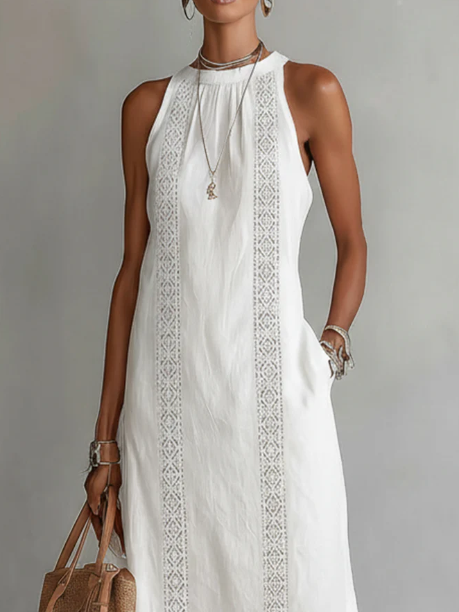 Bianca | Vestido midi de lino con cuello mao.