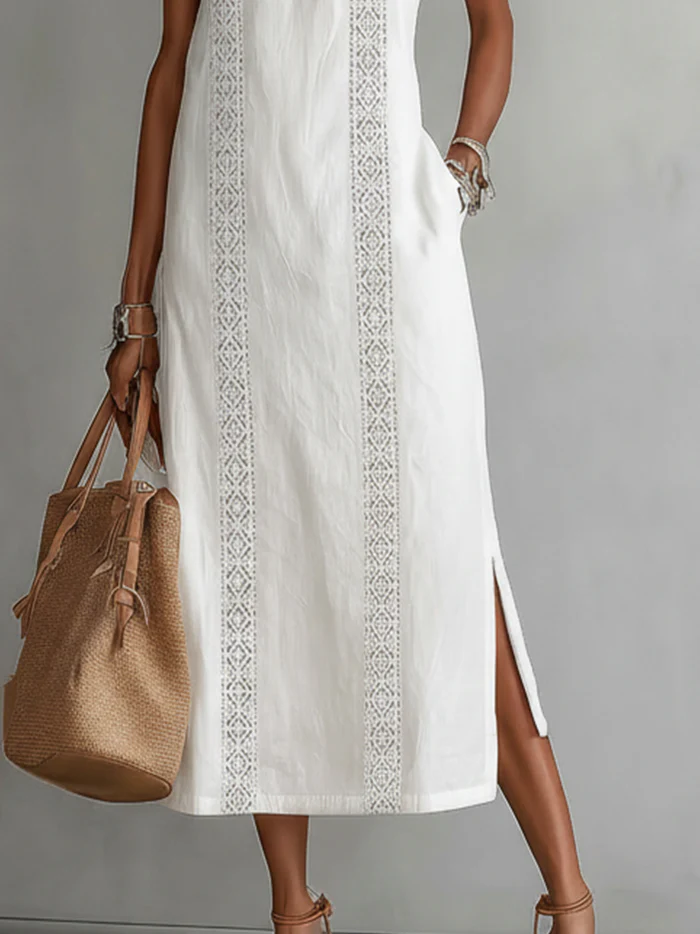 Bianca | Vestido midi de lino con cuello mao.