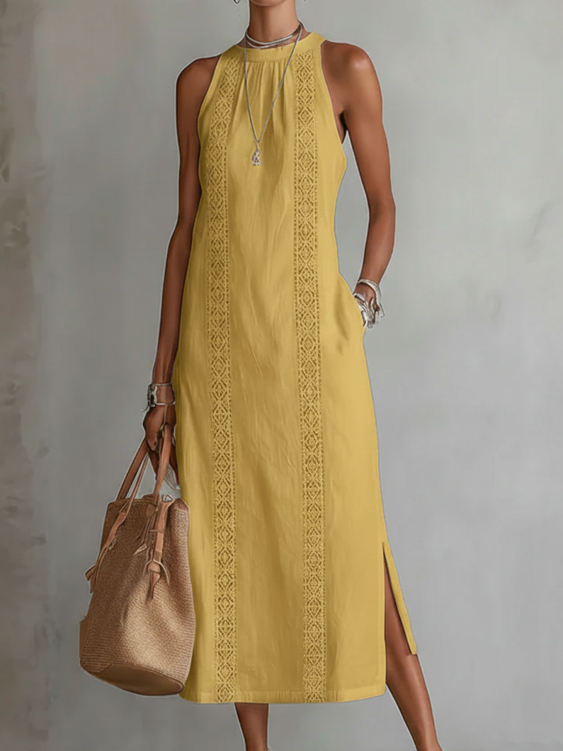 Bianca | Vestido midi de lino con cuello mao.