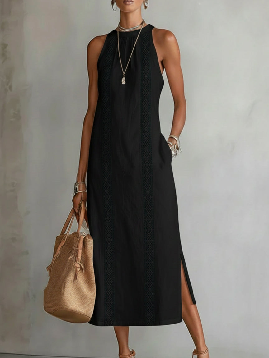 Bianca | Vestido midi de lino con cuello mao.
